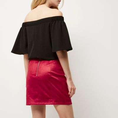 Red faux suede whipstitch mini skirt